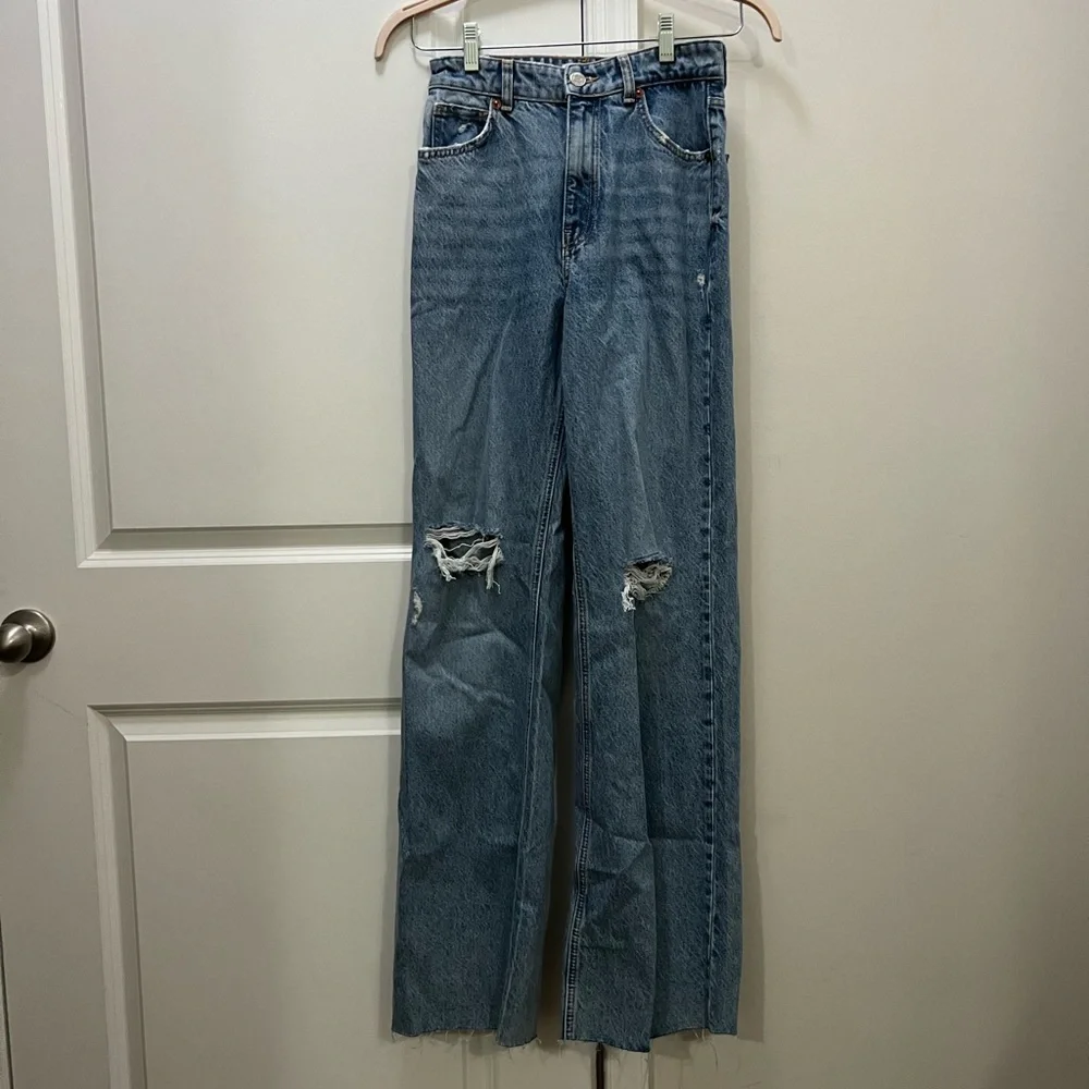 Zara Blue Denim Distressed Wide Leg Jeans Size 4 US